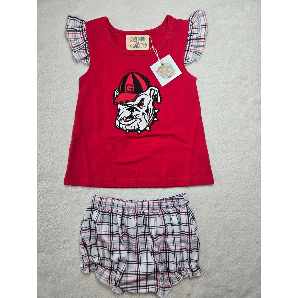 Quinn & Friends Toddler Girls Red Bulldog Plaid Ruffle Top Bloomer Set 18-24M